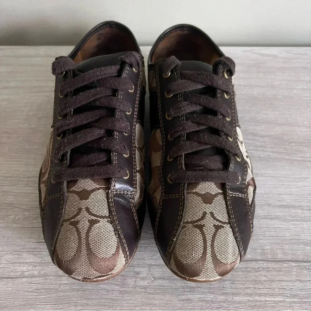 Coach SUEE Signature Brown Leather & Canvas Fashion Sneakers Size 8 - Picture 2 of 10
